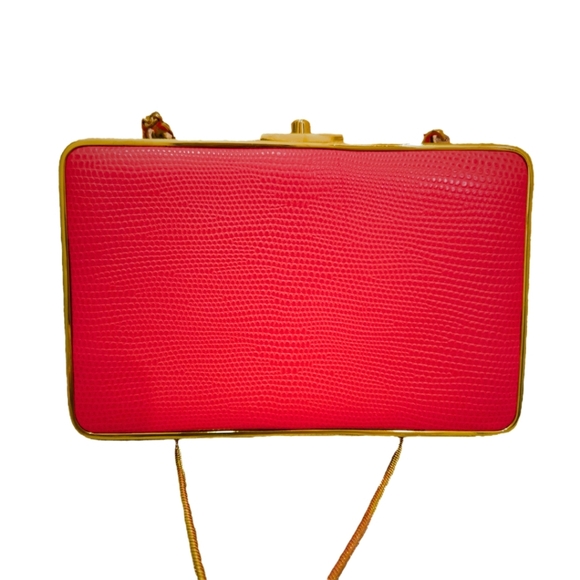 Henri Bendel Red Party Starter Box Clutch With Gold Chain